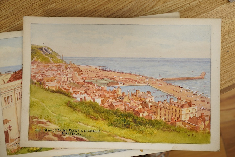 William Carruthers Affleck (1868-1943), Set of seven original watercolours for postcard designs, comprising of Hasting views, to include: ‘Sunken Gardens’, ‘Fairlight Glen’ and ‘The Pier’, 21 x 31cm